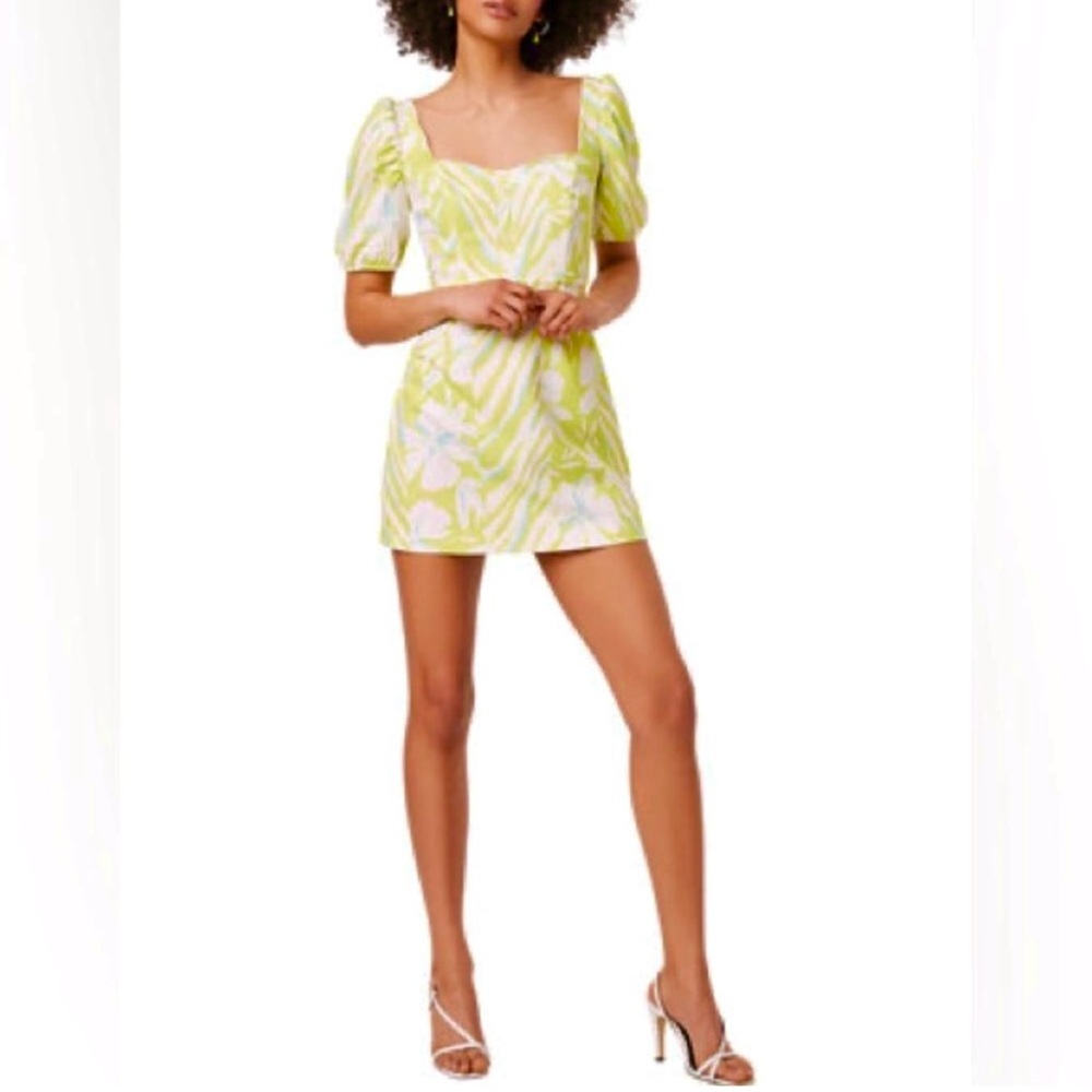 French Connection Berina Whisper Mini Dress w/Puff Sleeve, Lime Punch sz 10